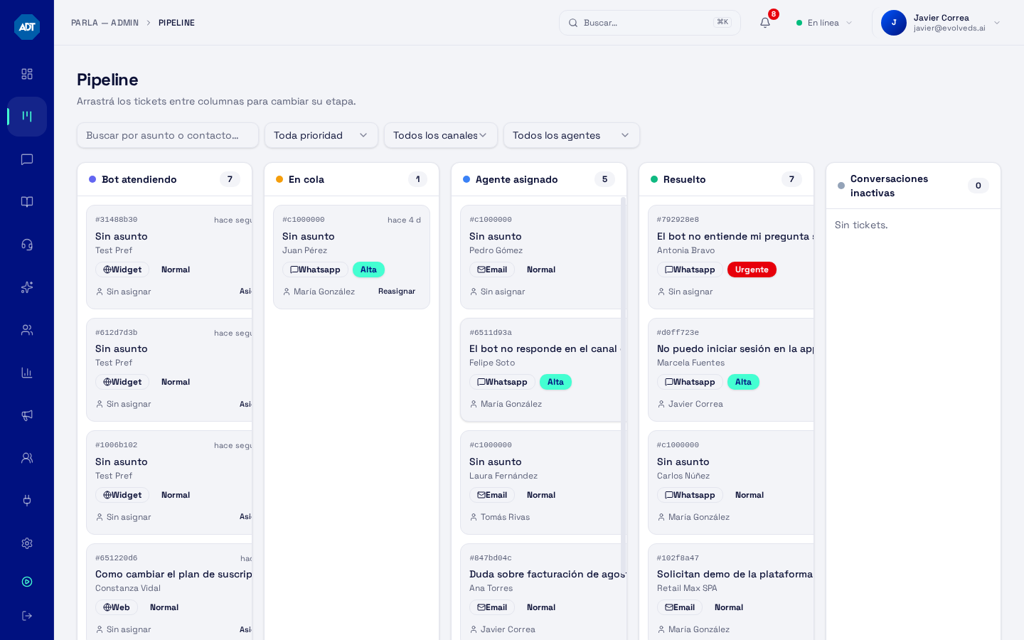 Pipeline kanban de Parla con columnas Bot atendiendo, En cola, Agente asignado y Resuelto
