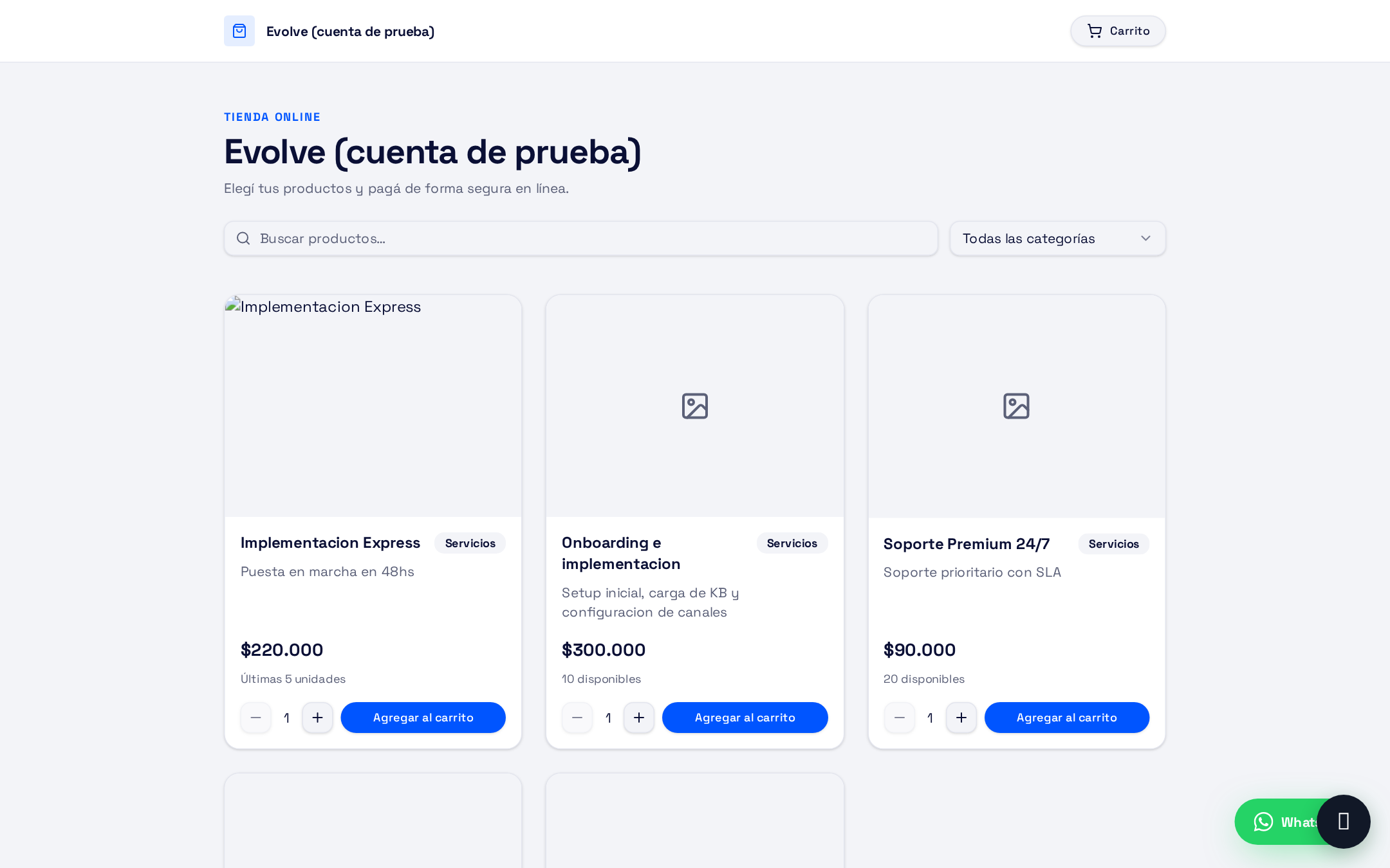 Tienda pública de Parla con buscador, filtro por categorías, tarjetas de producto con precio y botón agregar al carrito